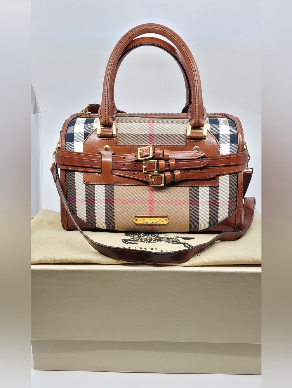 Burberry Brown House Check Leather Bridle Bowling Bag